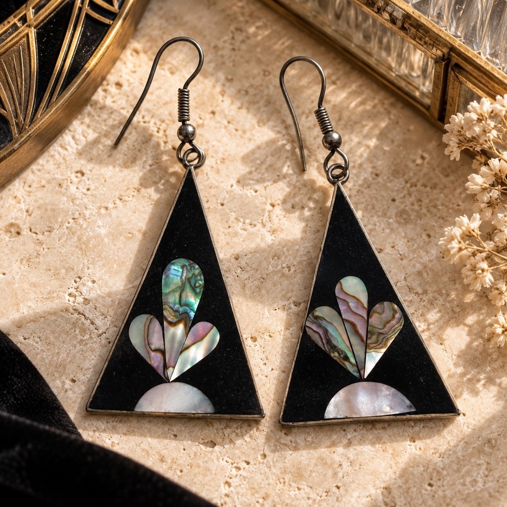 Vintage Alpaca Mexico Abalone Earrings Art Deco Nouveau Black Triangle Dangle - Picture 2 of 4